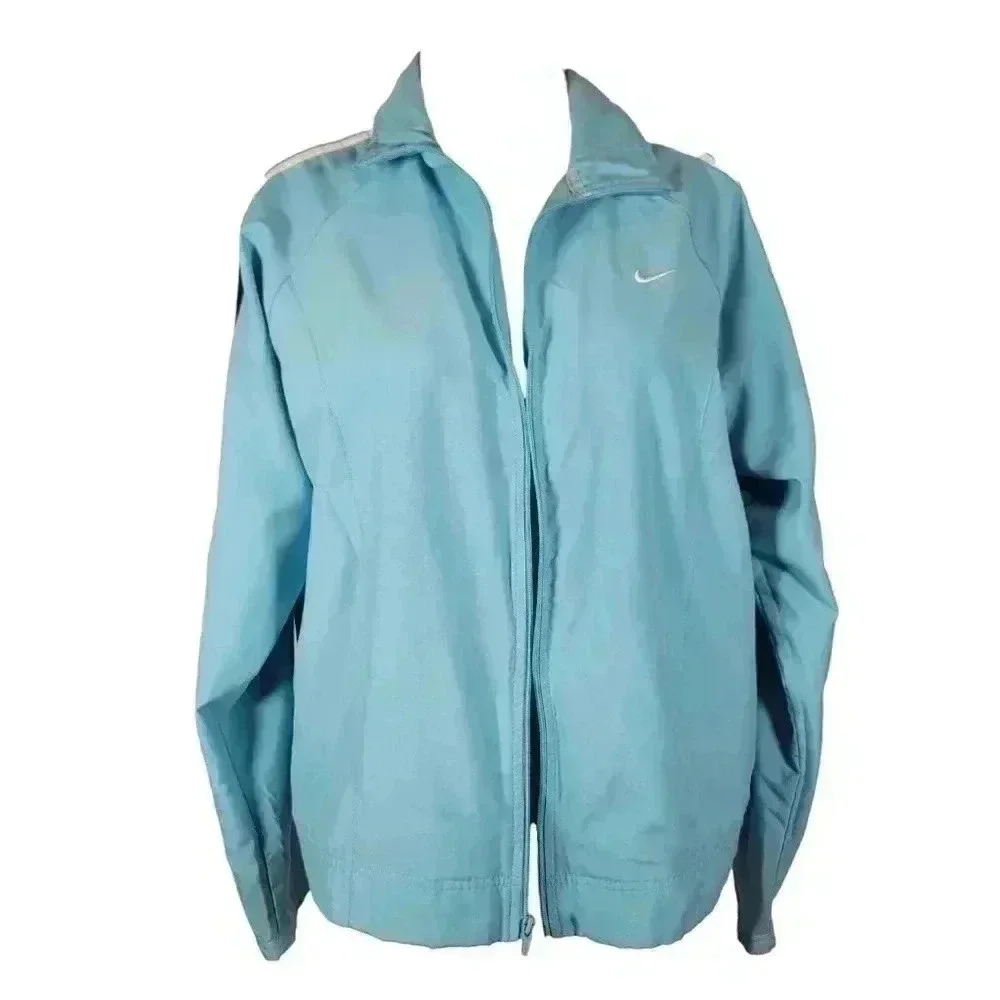 Vintage Nike Swoosh Windbreaker Blue Jacket Medium Track Warm Up Arm Stripes 90s